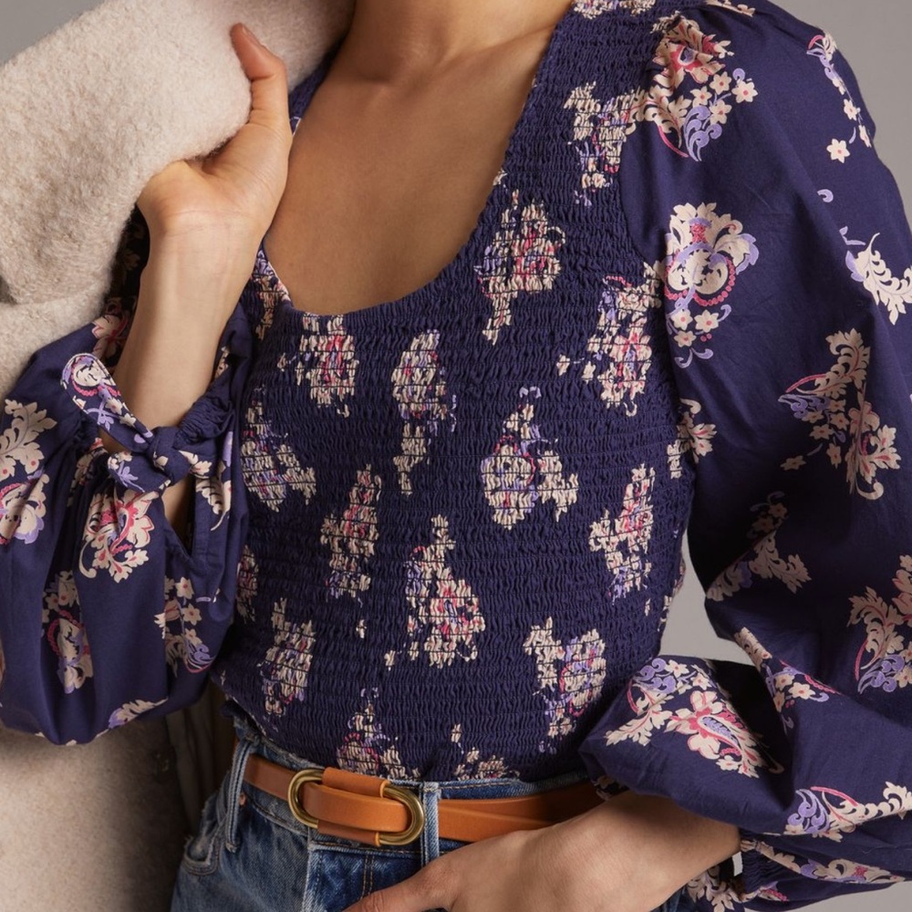 NWT Anthropologie Blue Floral Smocked Cutout Back Peplum Top Small Petite SP